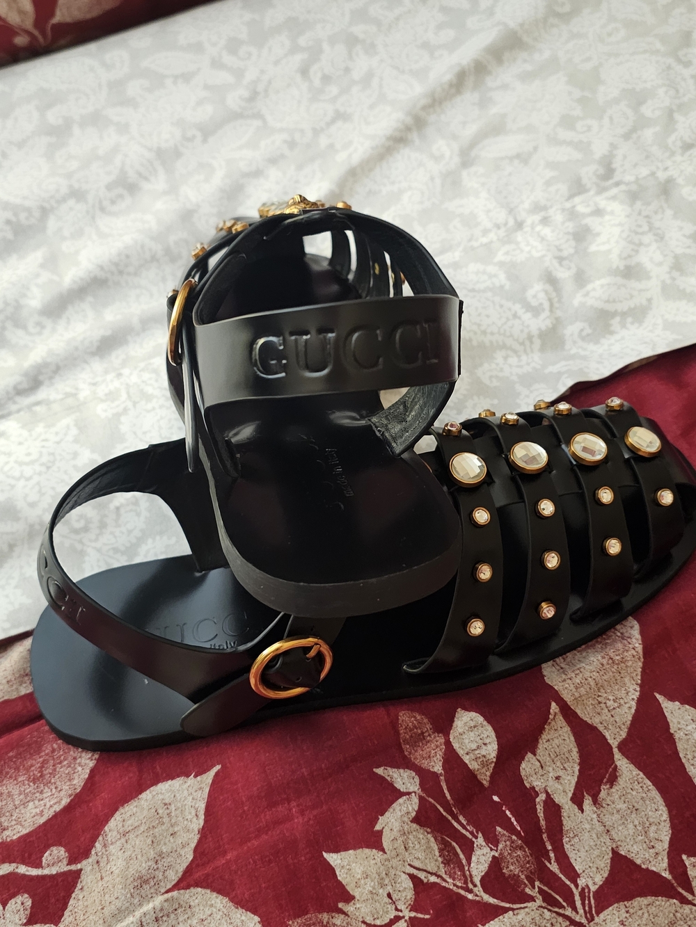 GUCCI Black Embellished Gladiator Sandals